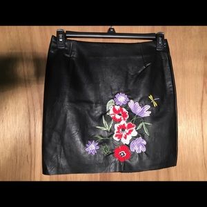 Embroidered Black Leather Skirt